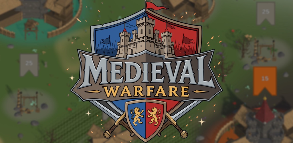 Medieval Warfare key art: a crested shield split blue and red, a castle on each half, over a top-down view of a battlefield map.
